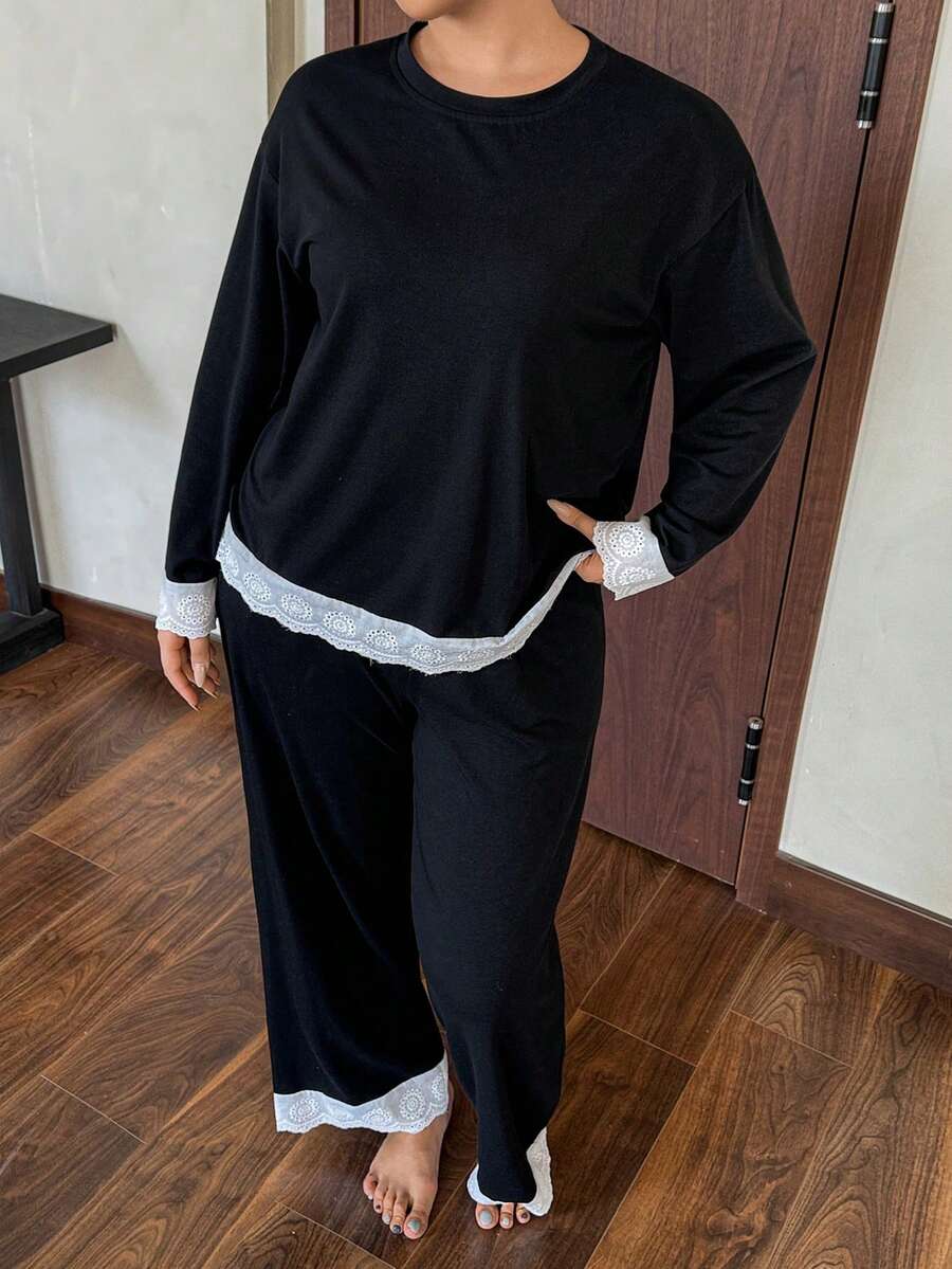 Dazy Plus 大码女士休闲睡衣套装，撞色蕾丝设计，宽松长袖上衣搭配直筒裤，适合春夏秋季穿着。 - 黑色 - 查看 1