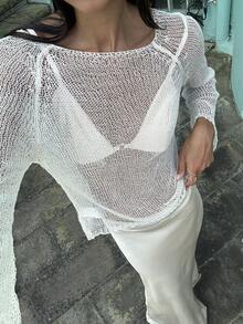 Opulessa Fashionable Light Apricot Thin Beaded Crew Neck Long Sleeve Sweater - Apricot - View 7