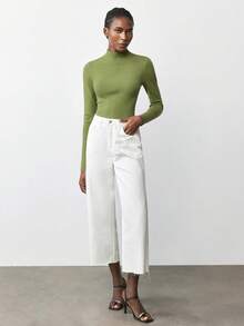 Maija Women's Solid Color Fitted Waist High Neck Long Sleeve Minimalist Chic Elegant Basic Sweater, Suitable For Urban Commute, Business Casual, Office Wear Green Sweater Mock Neck Top - Green - View 7