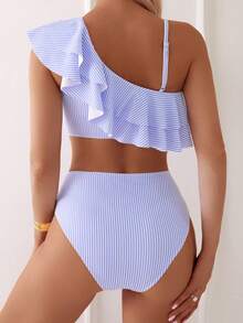 SHEIN Swim Women's Beach Striped Ruffle Hem One Shoulder Bikini Set Ruffle Bikini Set Summer Beach 2 Piece Set - Multicolor - View 2
