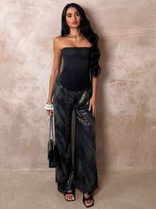 SHEIN Glamour 女士时尚直筒休闲撞色设计裤 - 黑色 - 查看 1