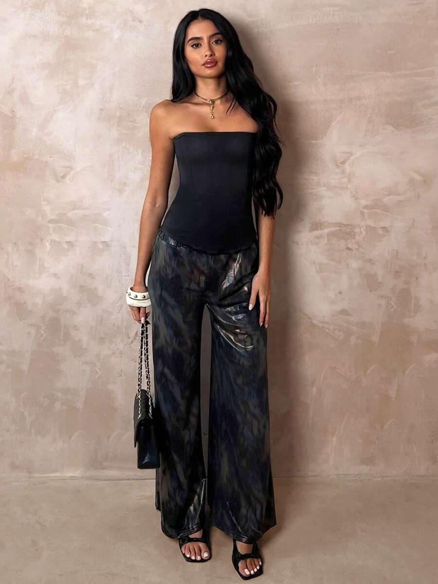 SHEIN Glamour 女士时尚直筒休闲撞色设计裤 - 黑色 - 查看 1