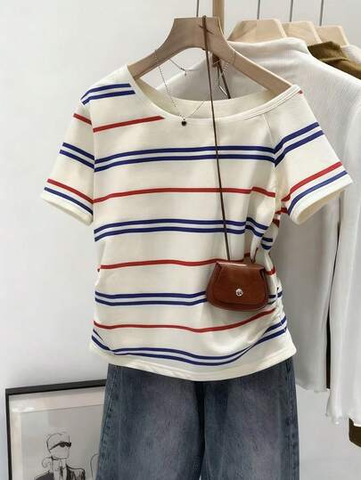 Resyla Women's Striped Round Neck Short Sleeve Casual Pleated T-Shirt
