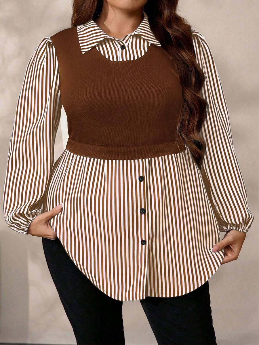 EMERY ROSE Plus Size Women Floral Print Patchwork Knit Casual Top, Autumn/Winter