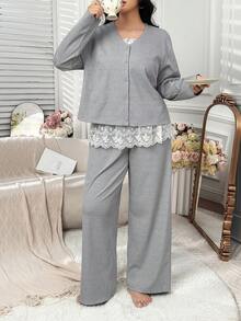 Dazy Plus Set elegant de casă 3 piese: camisol lejer din dantelă contrastantă, cardigan solid, pantaloni drepți, pijamale de primăvară/toamnă pentru femei mărime mare - Gri - Vizualizare 5
