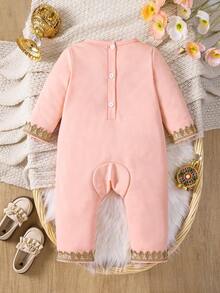 SHEIN 1pc Baby Girl Knitted Comfortable Romper,Pink,Autumn,Elegant,Holiday,0-3 Years Old,Elastic Waist,Vintage Floral Trim On Collar,Placket,Cuffs And Hem - Pink - View 2