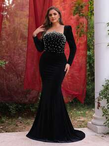 Glamrae Váy dạ hội đuôi cá dáng ôm dáng ôm sát, tay dài nhung đen sang trọng, đính hạt thủ công, eo cao, cỡ lớn, phù hợp cho mọi dịp trang trọng - màu đen - Xem 4