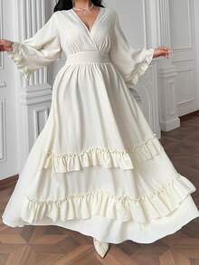 Vibekara Plus Size V-Neck 3/4 Flare Sleeve Ruffle Trim Elegant Vintage Casual Cute Vacation Dress - Apricot - View 5