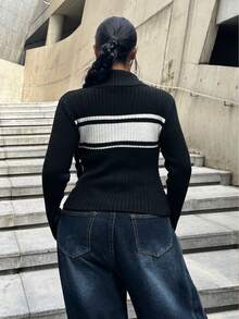 POPSWAY Áo khoác cardigan dệt kim ngắn tay dài, ôm sát, phối màu tương phản, kiểu dáng đường phố, dành cho nữ cỡ lớn, thích hợp cho mùa Thu/Đông/Xuân. - Đen và trắng - Xem 3