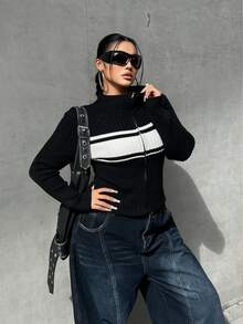 POPSWAY Áo khoác cardigan dệt kim ngắn tay dài, ôm sát, phối màu tương phản, kiểu dáng đường phố, dành cho nữ cỡ lớn, thích hợp cho mùa Thu/Đông/Xuân. - Đen và trắng - Xem 5