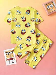 SpongeBob SquarePants | SHEIN Young Boy Cartoon Print Short Sleeve Top And Shorts Snug Fit Pajamas - Yellow - View 2