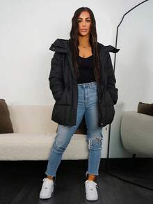 SAYEHFBABY 时尚休闲可调节腰部绗缝连帽加厚棉服外套冬季 - 黑色 - 查看 1