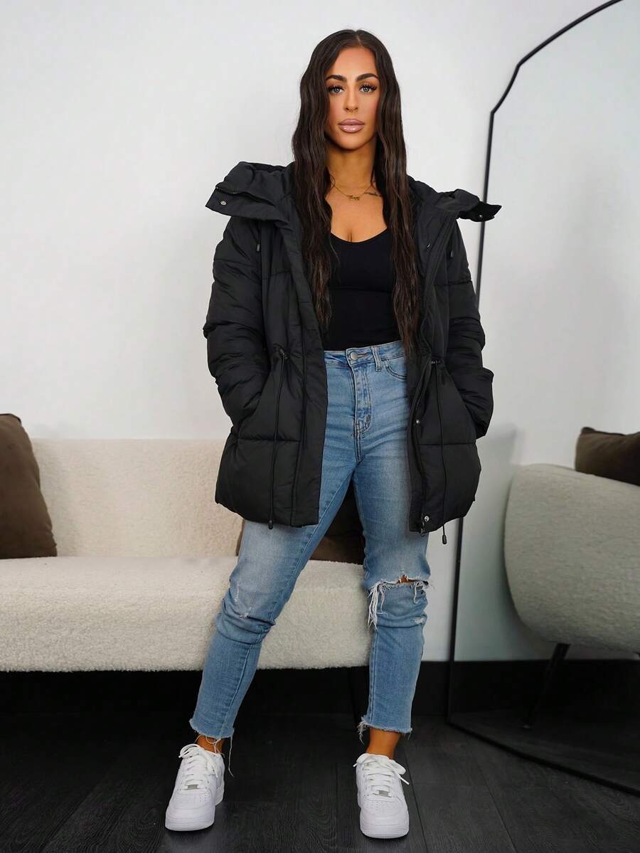 SAYEHFBABY 时尚休闲可调节腰部绗缝连帽加厚棉服外套冬季 - 黑色 - 查看 1