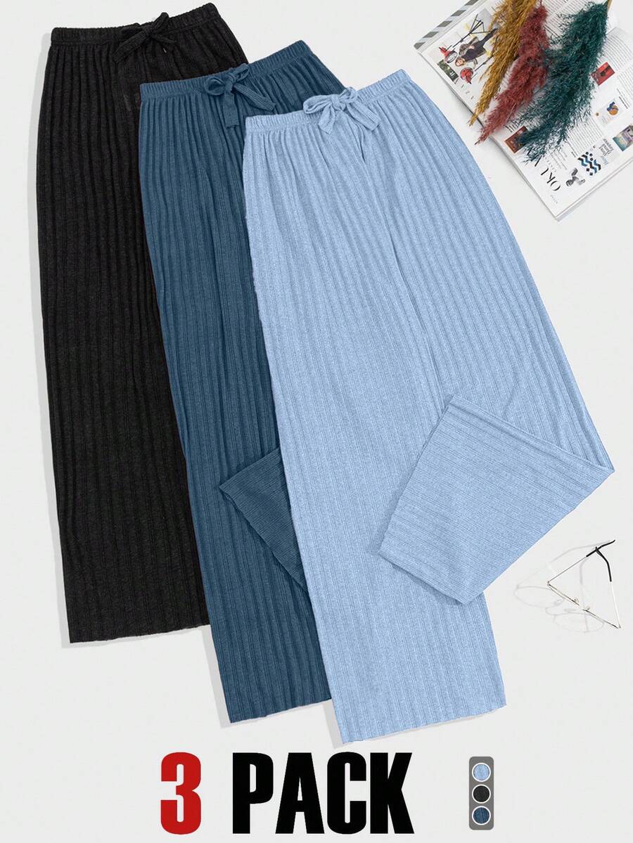 SHEIN 高个子尺码 100% 纯棉 3 件套纯色针织裤套装 - 彩色 - 查看 1