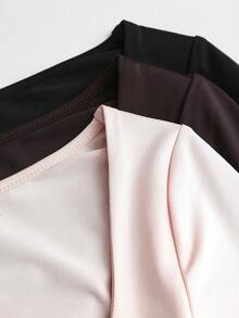 Sweetra 3pcs/Set Women's Long Sleeve Bodysuit In Apricot, Coffee Brown, Black, Slim Fit Minimalist Commuter Versatile - Multicolor - View 3