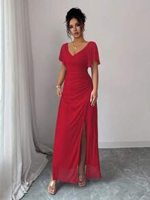 Elenzga 女士浅紫色V领荷叶袖褶裥开衩连衣裙，优雅伴娘礼服，派对礼服，春夏款 - 紅色 - 查看 3