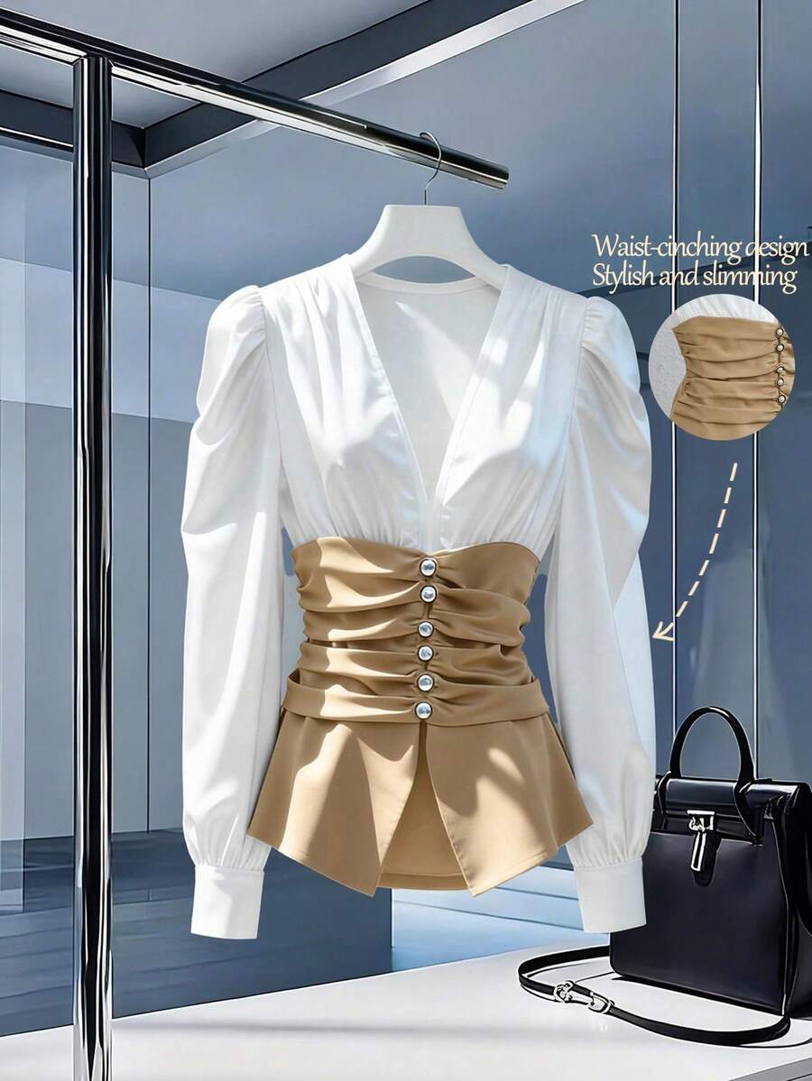 GlowEve 女士时尚优雅撞色褶皱长袖衬衫 - 彩色 - 查看 1