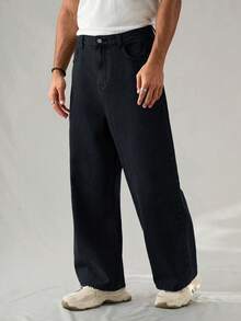 Chillumni Men's Casual Washed Loose Straight Leg Jeans - Black - View 6