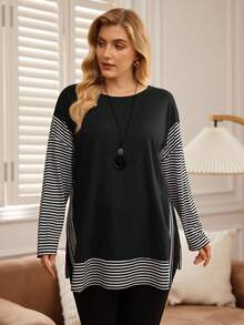 EMERY ROSE Plus Size Striped Patchwork Round Neck Drop Shoulder Side Slit Long Sleeve T-Shirt - Black - View 1