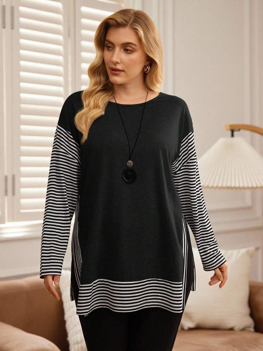 EMERY ROSE Plus Size Striped Patchwork Round Neck Drop Shoulder Side Slit Long Sleeve T-Shirt - Black - View 1