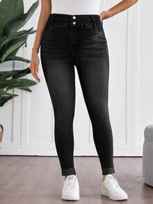SHEIN 孕妇纽扣腰设计修身休闲百搭牛仔裤 - 黑色 - 查看 8