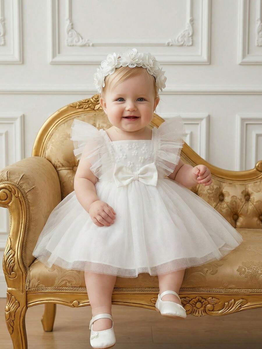 SHEIN 寶寶女孩綁帶網紗公主裙，適用於夏季派對 - 白色 - 查看 1
