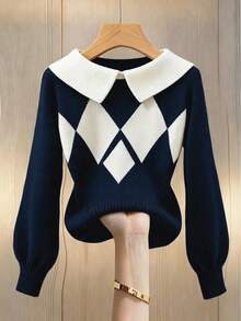 SHEIN Franclia Stylish Ladies Regular Length Argyle Pattern Sweater Featuring A Collar Neckline And Ribbed Hem Design - Multicolor - View 5