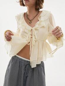 Poéselle 奶油色荷叶边束腰上衣 - 长袖层叠系带前襟上衣，适合田园风和浪漫风，女士优雅通勤纯色荷叶边下摆上衣，法式风格上衣，荷叶边雪纺长袖上衣，田园风和度假风 - 杏色 - 查看 8