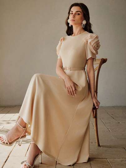 Anewsta Elegant 3D Floral Sleeve Decor Mid-Length Dress