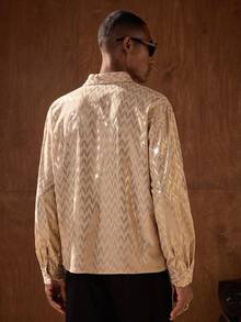 AKNOTIC Men's Turn-Down Collar Single-Breasted Wavy Foil Casual/Business Long Sleeve Shirt Mens Champagne Shirt Bruno Mars Jackpot Mens Sparkly Shirt Sumwon Mens Sequin Shirt Mens Gold Shirt Disco Shirt Men - Gold - View 7