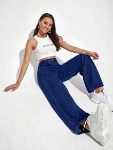EURMUSE Damen Jeans in Große Größen mit hoher Taille, Taschen und weitem Bein, lässig und locker - Graublau - Übersicht 5