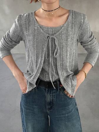 FRIFUL Conjunto informal de 2 piezas de blusa de manga larga con nudo delantero y camiseta de mujer de unicolor