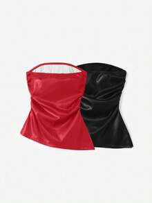 SHEIN EZwear 2pcs Women's Solid Color PU Bandeau Tops, Spring/Summer,Red Top,Christmas Strapless Tops Leather Tube Top Strapless Shirt Tube Top Red Tube Top,Red Tops For Women