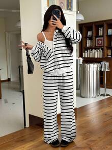 SHEIN EZwear 女士落肩拉链黑白条纹针织连帽衫和裤子休闲运动套装 - 白色 - 查看 2
