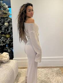 RebeccaVibe 女款休閒通勤條紋喇叭褲，適合嬌小女性 - 棕色 - 查看 5