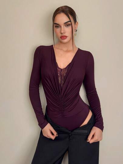 Firerie Women's Casual Elegant Lace Patchwork Bodysuit, Layering Top, Sexy Graceful Top/Eggplant Purple Top/Cute Top/Romantic Date Top/Wedding Season