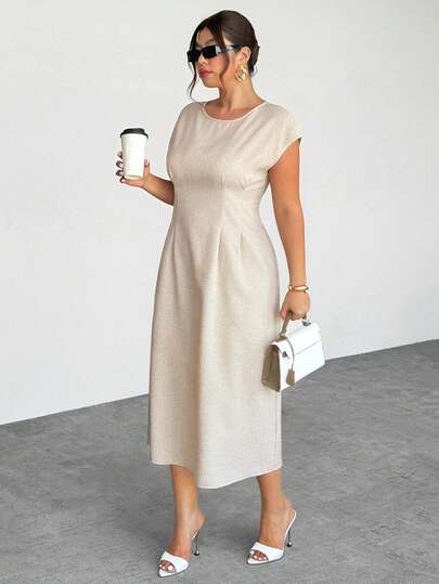 Firerie Plus Size Women's Elegant Casual Linen-Blend Sleeveless Midi Dress With Waist Pleats, Suitable For Daily, Commute, Holiday, Office Wear, Summer Dress, Business Casual, Fall Women Clothes, Office Outfits For Women, Office, Airport Outfit, Travel Outfit Airport, Going Out Outfits