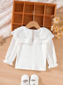 SHEIN Vintaside Kids 女婴双层蕾丝领罗纹长袖上衣，秋冬新款，舒适、时尚、优雅、甜美、百搭内搭 - 白色 - 查看 2