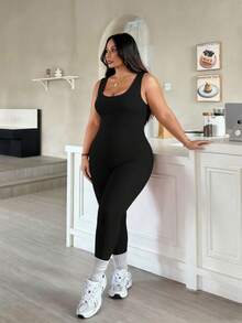 Rhythm Era 一件加大码黑色露背连体裤，舒适弹力无缝针织瑜伽健身运动服 - 黑色 - 查看 3