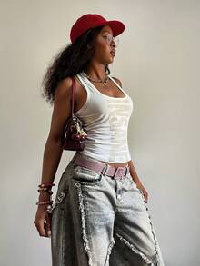 StreetHx Women's U-Neck White Distressed Print Fitted Comfortable Streetwear Y2K Baddie Sexy Camisole Top, Spring/Summer - White - View 3