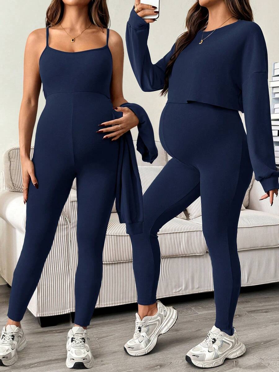 SHEIN Bộ đồ bầu 2 món màu trơn, gồm áo hai dây và áo thun. - Xanh đậm - Xem 1