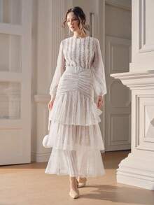 Anewsta 优雅白色蕾丝层叠长款连衣裙，女士适用 - 婚礼宾客及派对礼服 - 白色 - 查看 4