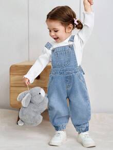 SHEIN Little Byeori Baby Girl3D Bow Decor Blue Denim Bib Pants - Light Wash - View 4