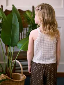 Blossori Vintage Floral Decor Knit Mesh Jacquard Young Girl' Cute Camisole In Light Khaki - Apricot - View 2