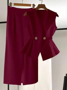 Franclia Bộ đồ nữ gồm áo croptop không tay cổ chữ V buộc dây và quần ống đứng cạp chun, trang phục công sở thường ngày. - Màu Đỏ Sâu - Xem 1