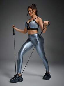 Innovista Women's Fashionable Metallic Outdoor Leggings Women Metallic Blue-Silver High-Waist PU Leather Look Leggings, V-Waist Butt Lifting Shiny Stretch Gym Tights, Squat-Proof Glossy Yoga HIIT Athleisure Pants Workout Leggings With Pocket Sport Yoga Leggings Yoga Pants With Pocket Tights With Pocket - Dark Grey - View 14