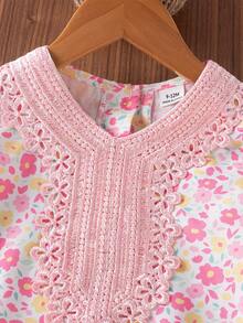 SHEIN Đầm dài tay cổ điển viền ren hoa cho bé gái, mùa thu - Hồng - Xem 4