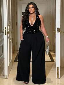 SHEIN CURVE+ Combinaison à paillettes et velours pour femmes grandes tailles, design à la mode, tissu patchwork, convient pour les concerts, mariages, fêtes, Noël, Nouvel An, anniversaires