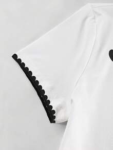 Resyla 女士上衣，爱心印花宽松休闲撞色条纹圆领T恤，送给女友闺蜜的礼物，2026春夏新款 - 白色 - 查看 3