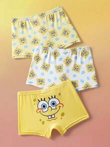 SpongeBob SquarePants | SHEIN 3条/套 男童可爱卡通印花撞色腰带舒适平角内裤 - 黃色 - 查看 3